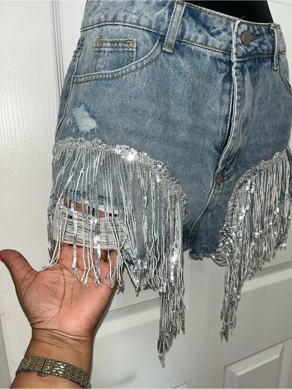 Denim Fringe Sequin Short - Silver Detail
